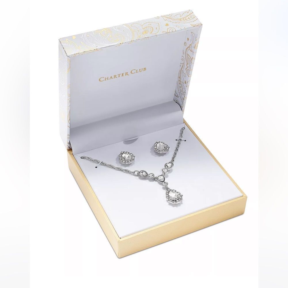 NWT CHARTER CLUB Silver-Tone Crystal Pendant Y-Necklace & Stud Earrings Boxed